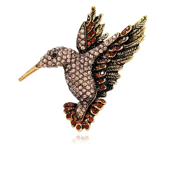 Hummingbird Brown Crystal Pin Brooch - Picture 3 of 10